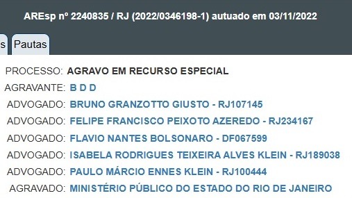 Screenshot de documento judicial mostrando Fl&aacute;vio Bolsonaro como advogado em recurso