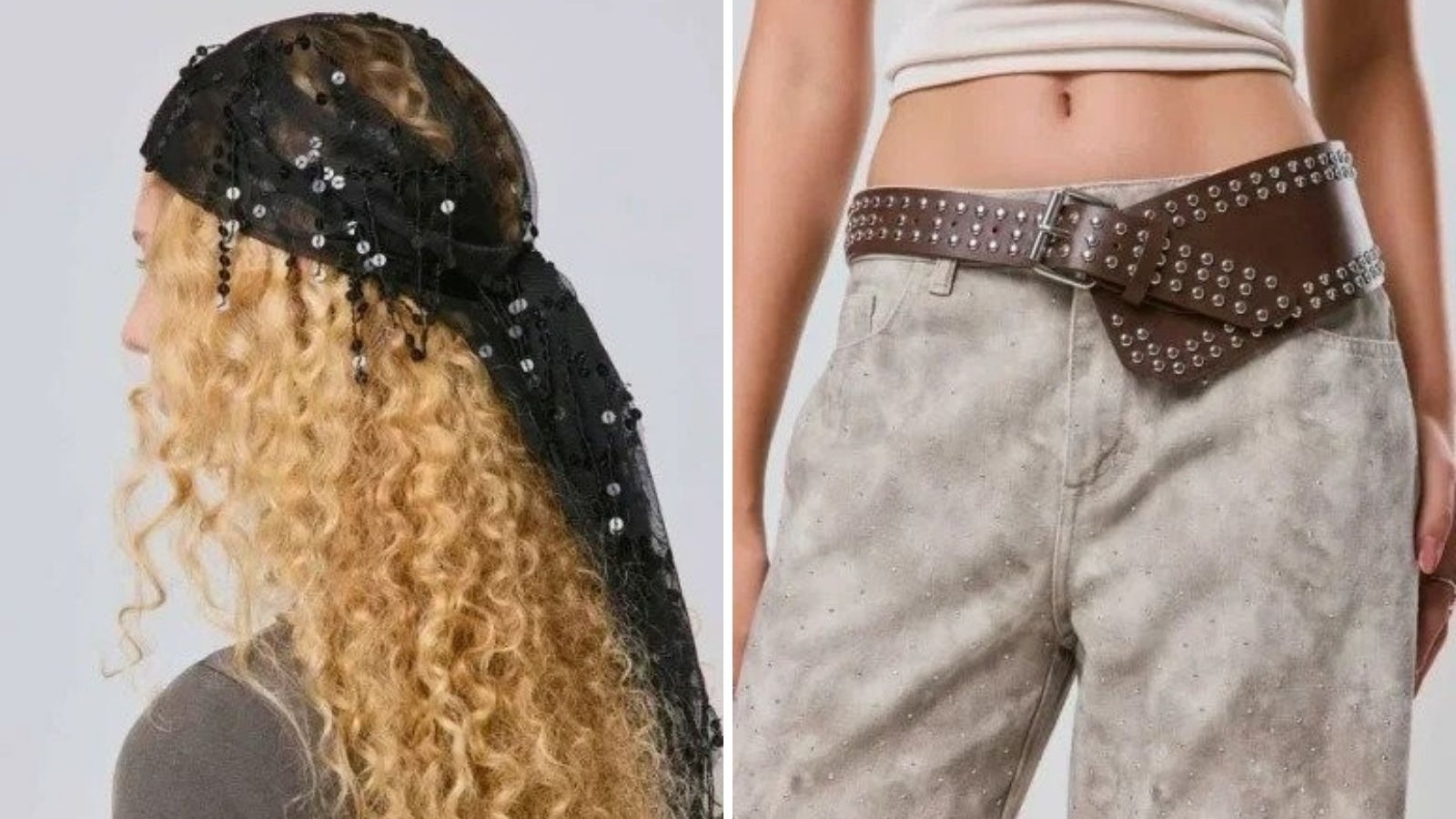 Len&ccedil;o preto com paet&ecirc;s na cabe&ccedil;a e cinto marrom com tachas sobre cal&ccedil;a