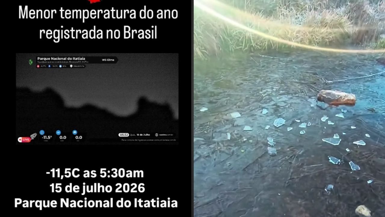 Parque Nacional do Itatiaia registra -11,5°C, a menor temperatura do ano no Brasil, com lagos congelados. Tela de câmera ao vivo exibe -11,5°C e lago congelado com pedaços de gelo