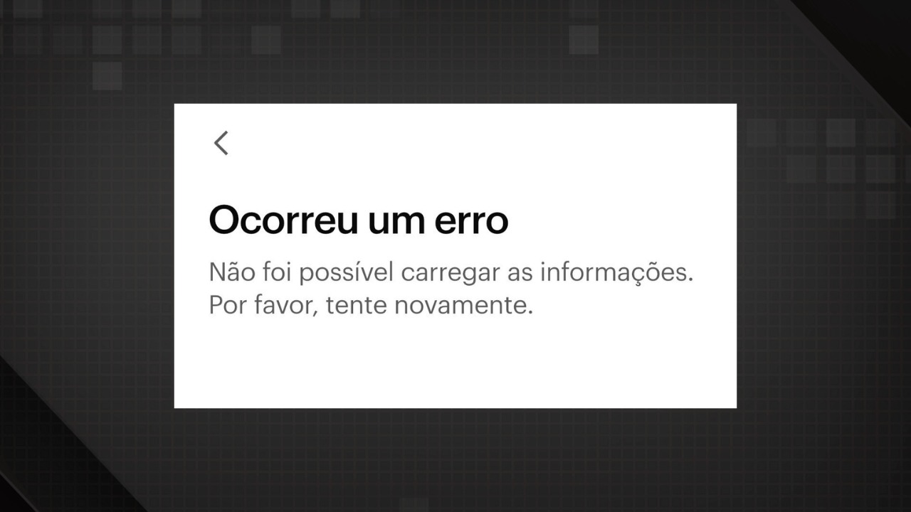 Usuários do Nubank são recebidos com esta mensagem de erro ao tentarem acessar o aplicativo, que enfrenta instabilidade nesta quarta-feira. Foto: Reprodução/Redes Sociais Tela de aplicativo exibindo mensagem de erro em português sobre falha ao carregar informações.