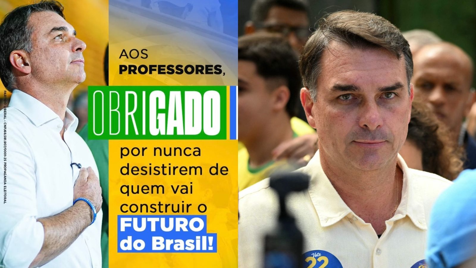 Imagem de Fl&aacute;vio Bolsonaro em duas poses e mensagem de agradecimento aos professores