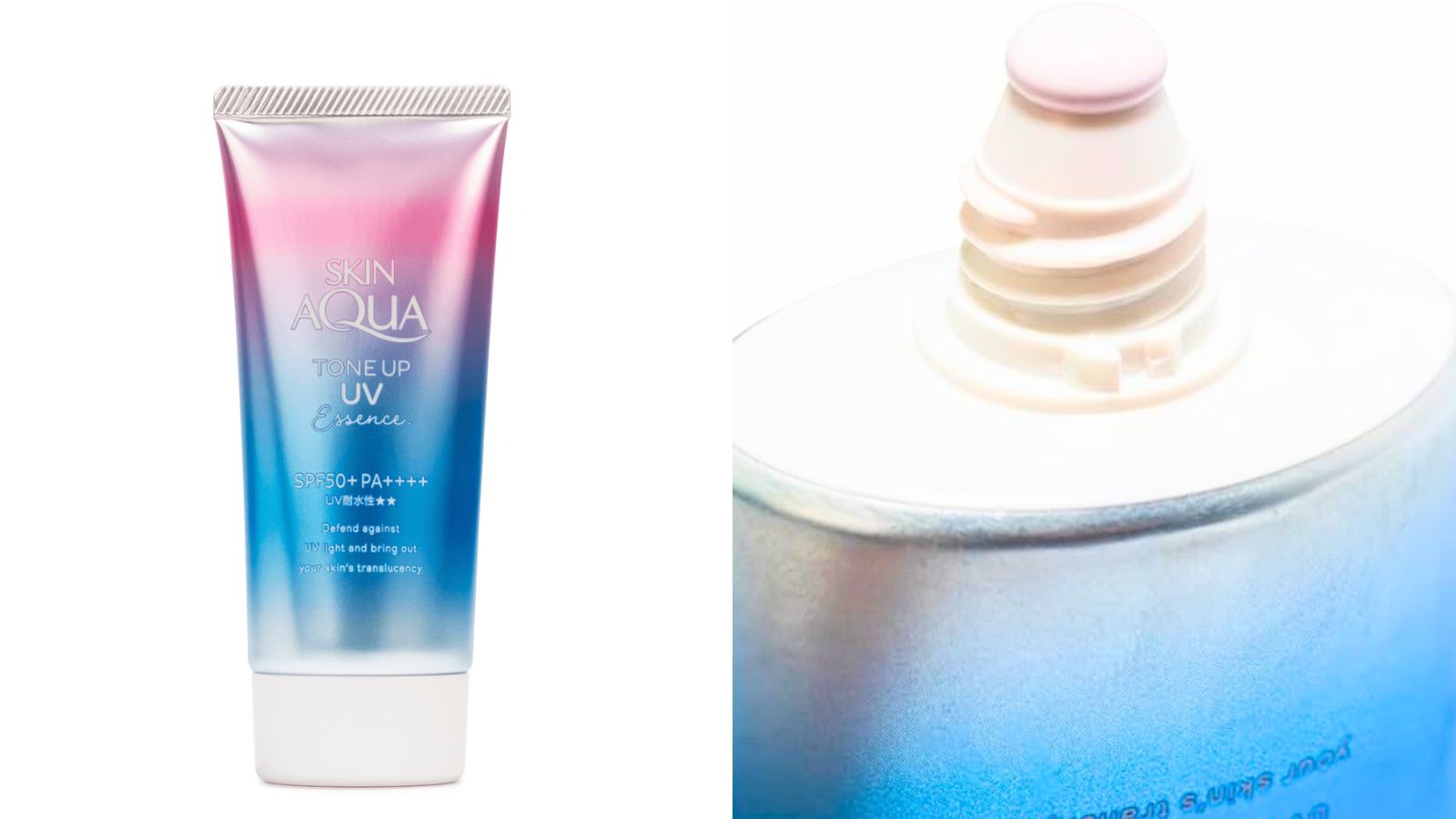 Tubo de protetor solar Skin Aqua Tone Up UV Essence rosa e azul e seu bico dispensador.