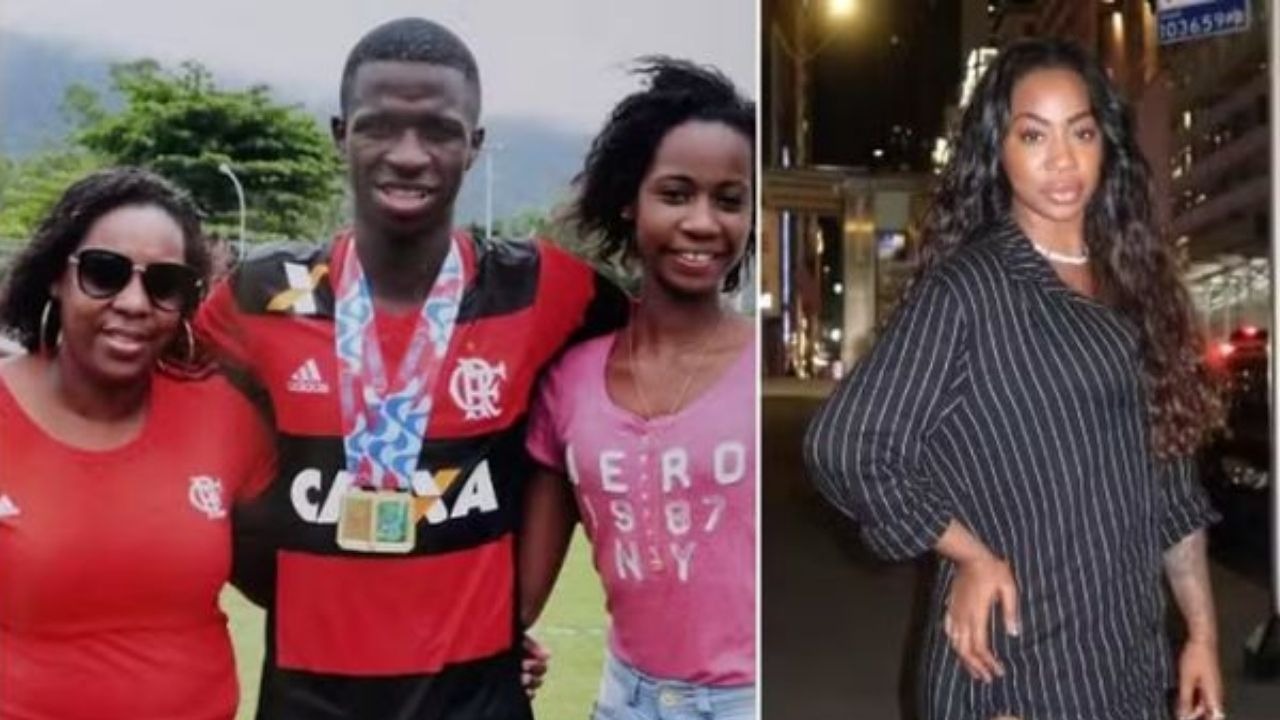 Mãe e irmã de Vini Jr. mostram os visuais do início da carreira do jogador e após as transformações estéticas - Foto: Reprodução/Redes Sociais Vini Jr. jovem com mãe e irmã; à direita, a irmã Alessandra adulta após transformação