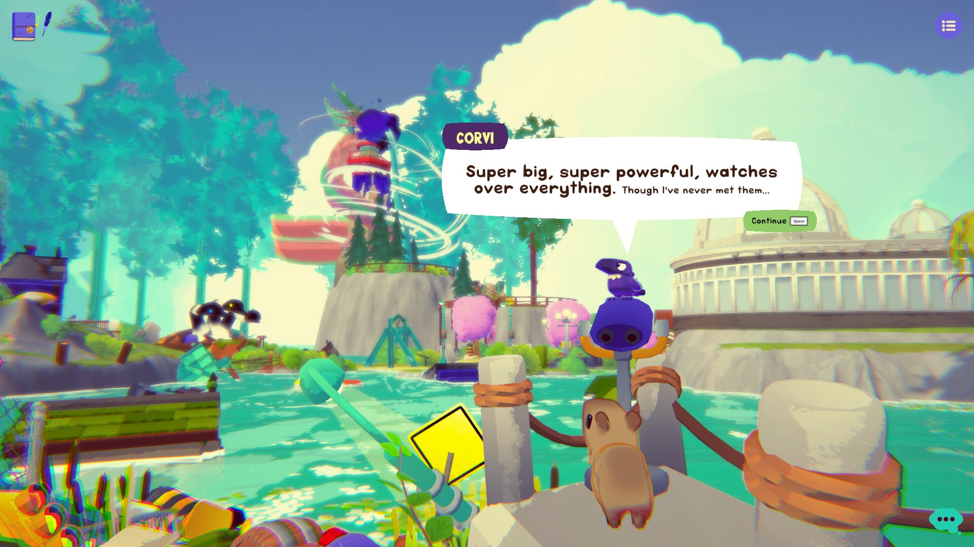 Corvi, o corvo falante, guia o jogador pela narrativa e mistérios da ilha em "Capy Castaway" Screenshot do jogo Capy Castaway, Corvi em diálogo: "Super big, super powerful"