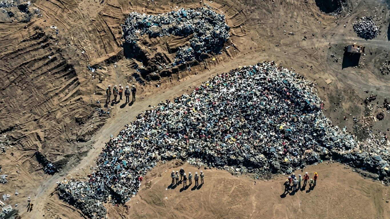 A mancha têxtil no deserto chileno, visível do espaço, reflete a dimensão da crise do descarte ilegal de roupas Vista aérea de pilhas gigantes de lixo têxtil em terreno árido e marrom, com grupos de pessoas