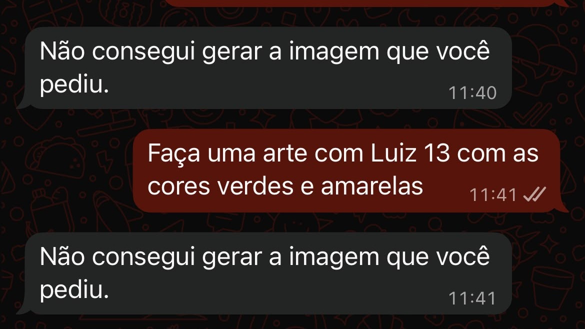 Captura de tela do WhatsApp mostra pedido de arte 'Luiz 13' e recusa da Meta AI