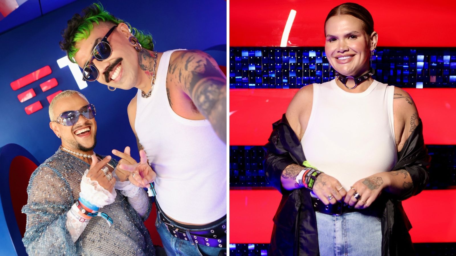 Pessoas sorrindo, com &oacute;culos e tatuagens, no evento TIM do Rock in Rio