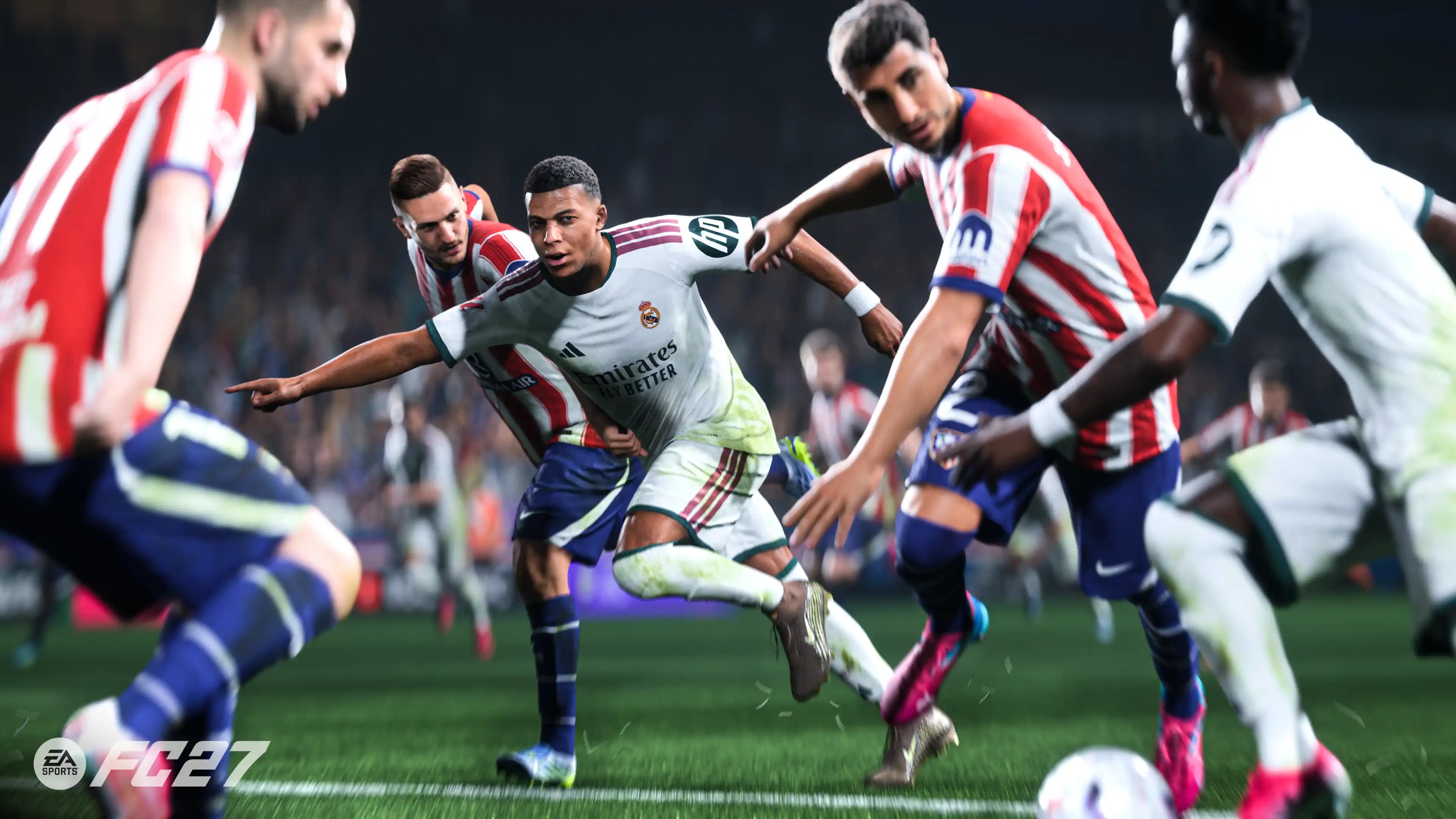 Jogo EA Sports FC 27: Jogadores do Real Madrid e Atl&eacute;tico de Madrid disputam bola em campo