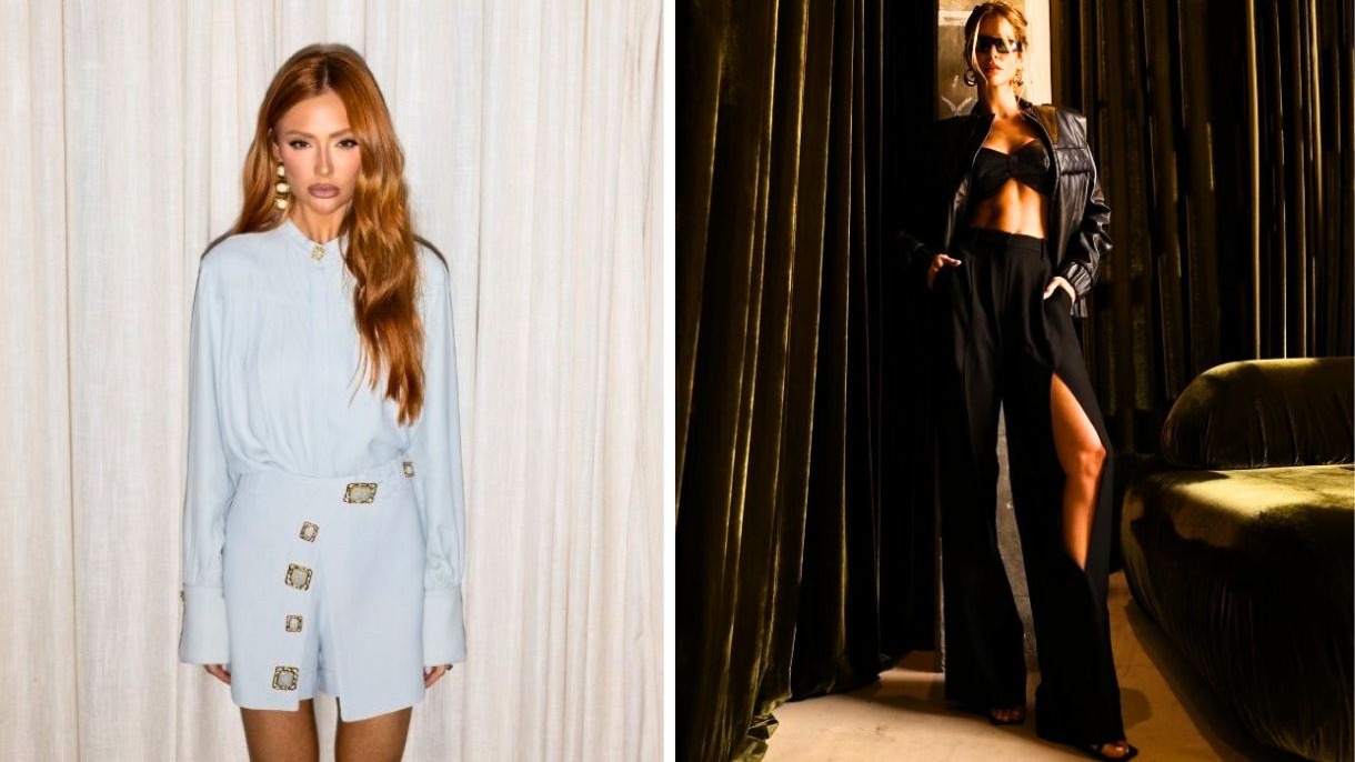 Mulher exibe dois looks de alfaiataria moderna: um azul-claro com shorts e outro preto de couro.