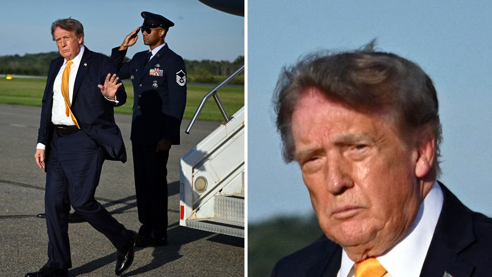 Donald Trump com cabelo escuro em duas fotos, uma com militar saldando, a outra em close-up