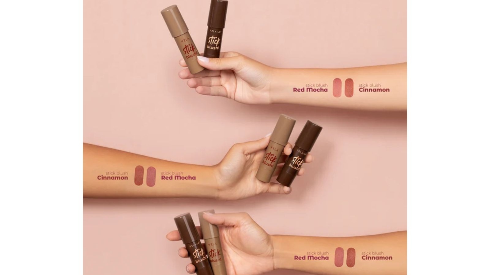 M&atilde;os exibem blushes em bast&atilde;o VZLA Cinnamon e Red Mocha com amostras nas cores na pele