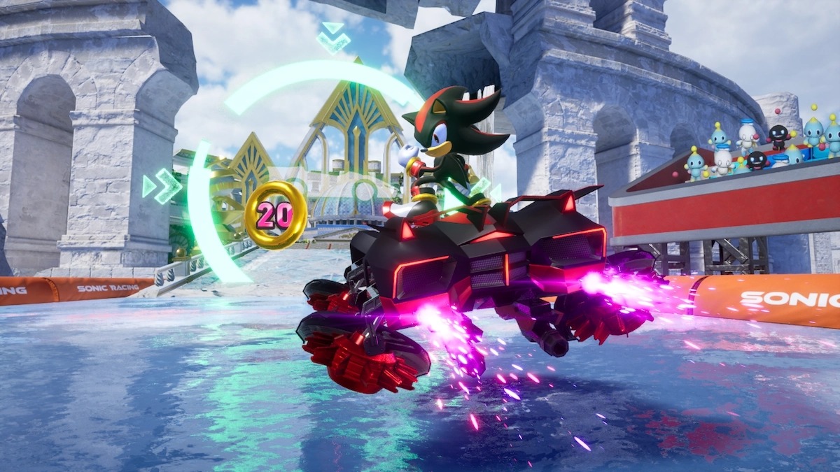 Shadow the Hedgehog em alta velocidade, um dos personagens que exemplificam a jogabilidade dinâmica de Sonic Racing: CrossWorlds Shadow the Hedgehog em veículo de corrida futurista, com propulsores roxos, em pista aquática
