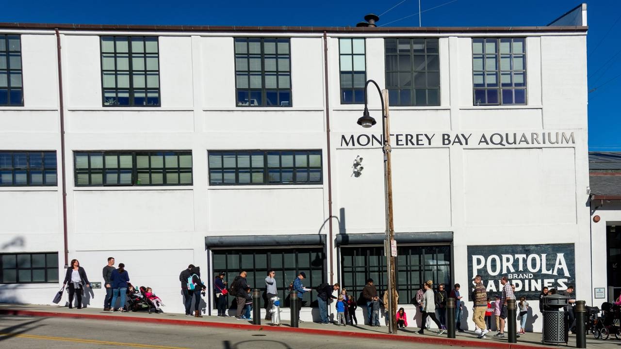 O Monterey Bay Aquarium em fevereiro de 2018 Fachada do Monterey Bay Aquarium, letreiros "MONTEREY BAY AQUARIUM" e "PORTOLA BRAND SARDINES", pessoas