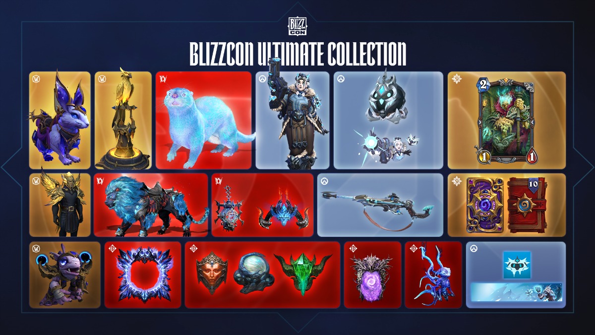 A Coleção Definitiva da BlizzCon 2026 apresenta itens exclusivos para diversos jogos, disponíveis nos pacotes digitais do evento Grade de itens digitais da Coleção Definitiva BlizzCon com o título BLIZZCON ULTIMATE COLLECTION