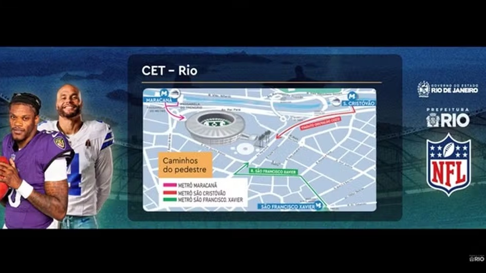 Esquema especial de transporte público divulgado pela CET-Rio detalha as rotas e estações de metrô para torcedores chegarem ao Maracanã para o jogo da NFL. Mapa da CET-Rio com rotas de metrô para o Maracanã, jogadores da NFL, e logos do Rio e NFL