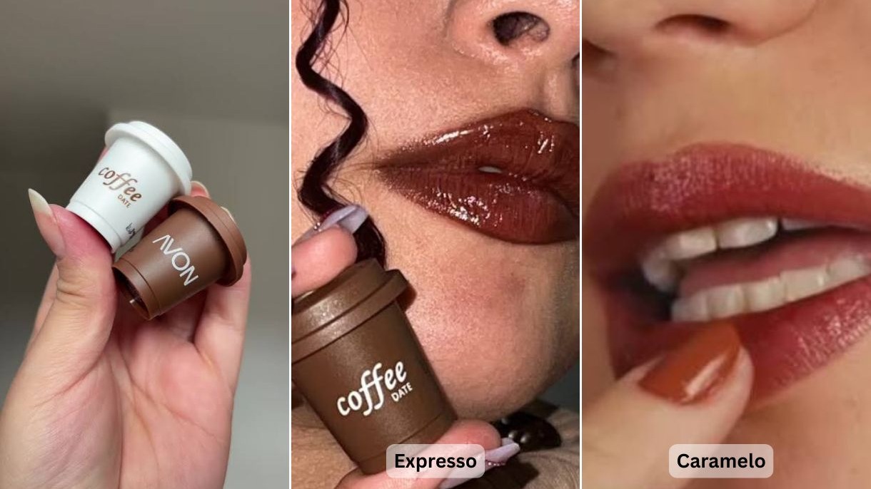 Triptych com balms labiais em formato de copo de caf&eacute; e bocas com maquiagem Expresso e Caramelo