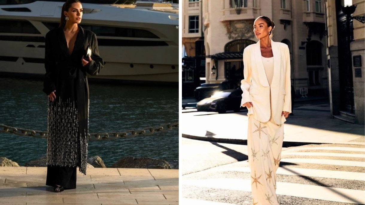 Mulher exibe dois looks de alfaiataria: blazer preto com franjas e conjunto creme com blazer.