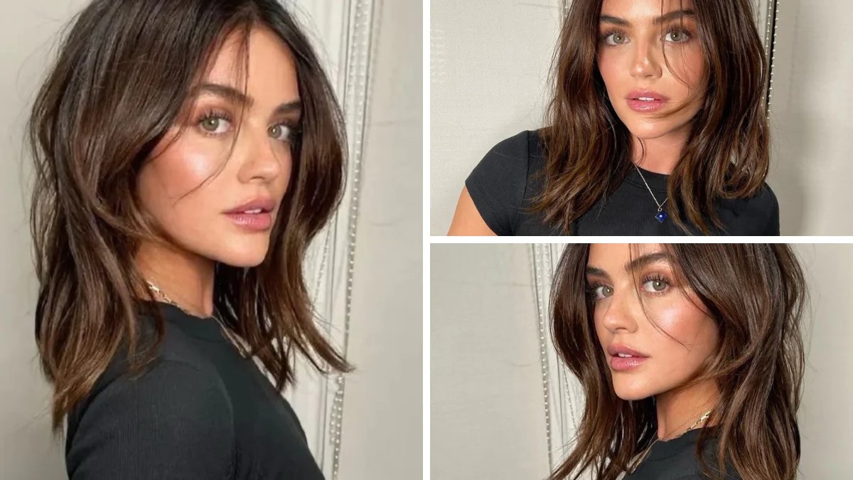 O contour cut, que usa camadas para emoldurar o rosto e realçar traços, é a aposta para rejuvenescer o visual em 2025 e 2026. Mulher com cabelo castanho médio, em camadas, emoldurando o rosto, com maquiagem natural.