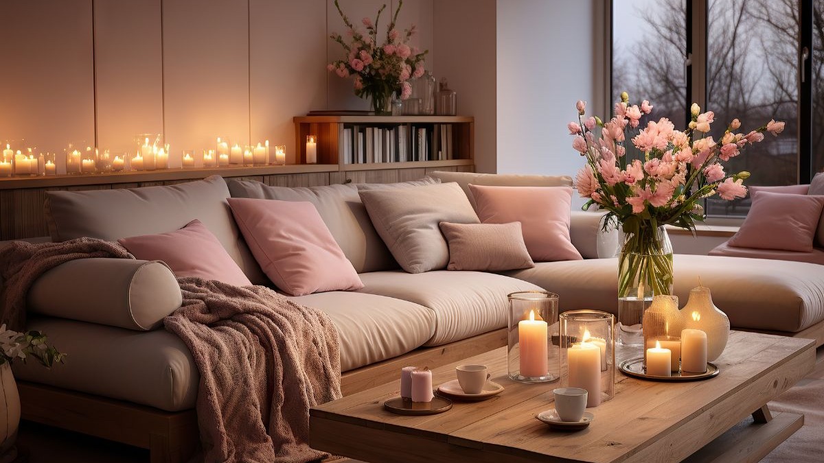Sala de estar com sofá bege, almofadas rosa, manta e muitas velas acesas na mesa e prateleira.