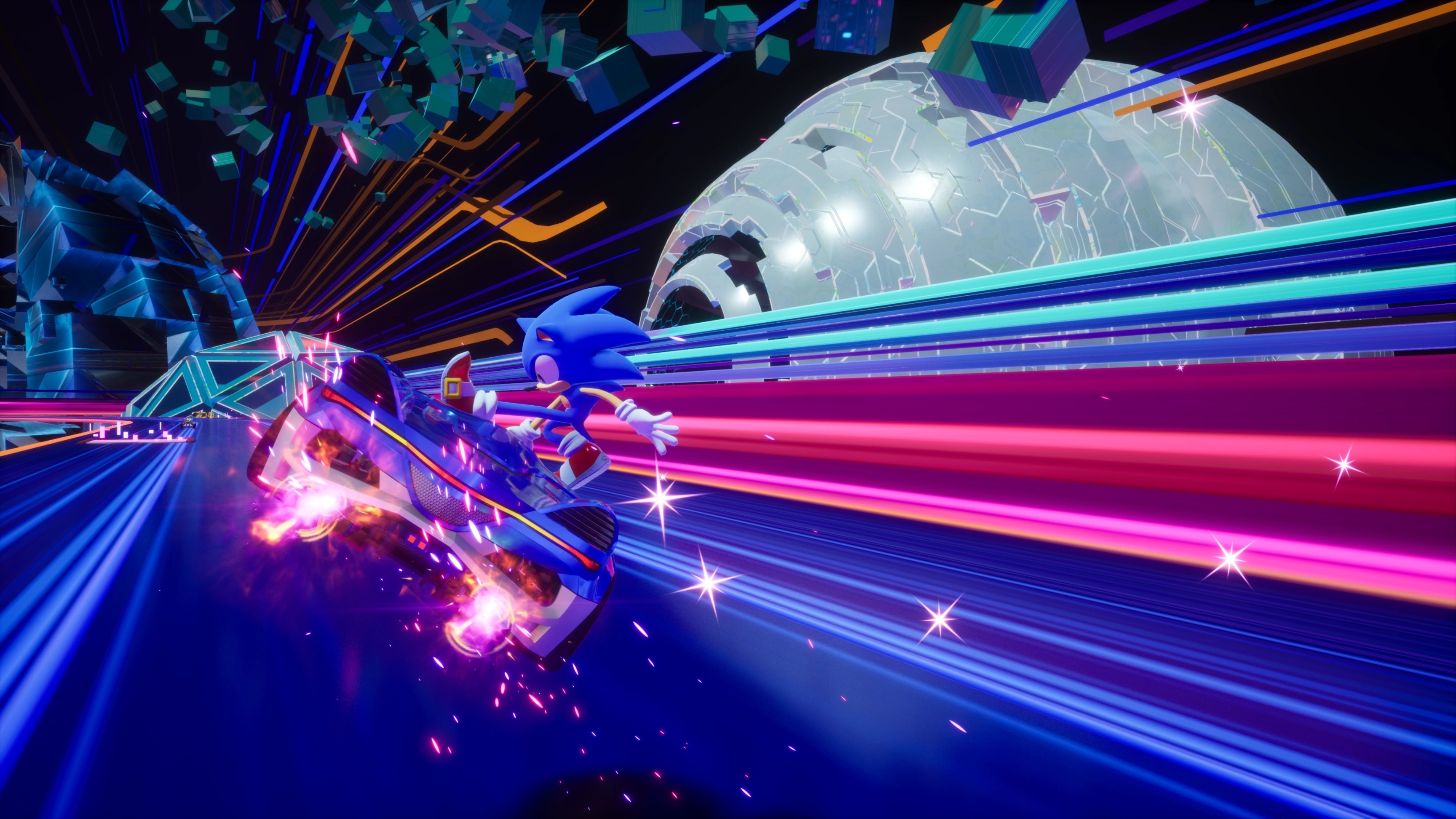 Sonic Racing: CrossWorlds se destaca pela jogabilidade em alta velocidade e pistas dinâmicas, elementos centrais de sua experiência arcade Sonic the Hedgehog em veículo futurista azul, correndo em uma pista neon com luzes coloridas e formas
