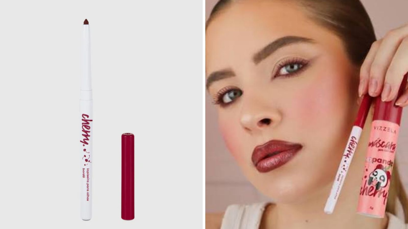 Left: white eyeliner 'cherry' and red cap. Right: woman holds Vizzela Cherry mascara and eyeliner