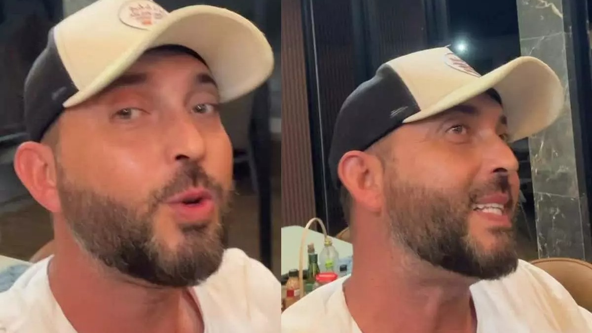 William Gusmão em vídeo, onde negou as acusações de importunação sexual e defendeu sua inocência após a condenação Homem barbudo de boné branco e preto e camiseta branca fala em duas imagens lado a lado