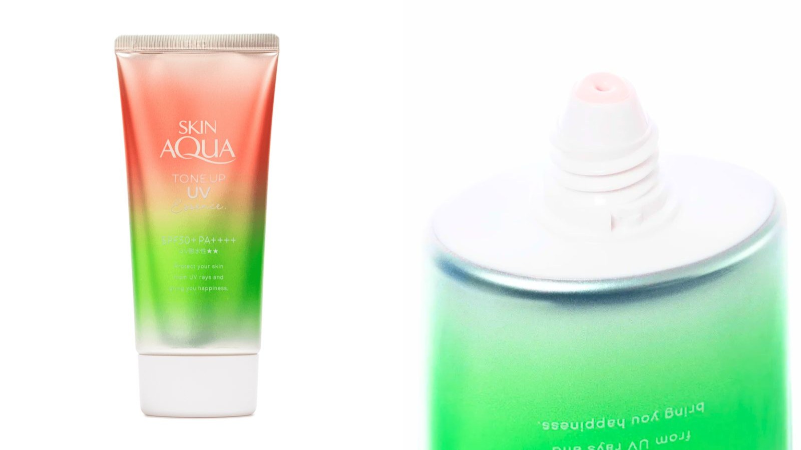 Tubo Skin Aqua Tone Up UV Essence rosa e verde, com produto rosado no bico