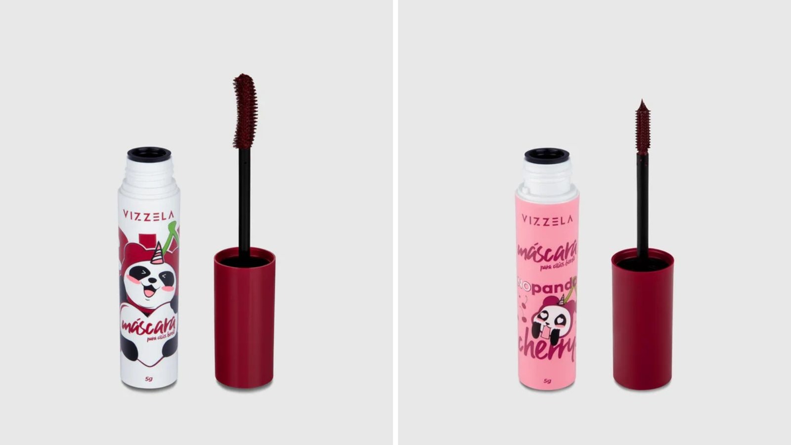 Duas m&aacute;scaras de c&iacute;lios Vizzela abertas, uma branca, uma rosa, com escovas bord&ocirc;