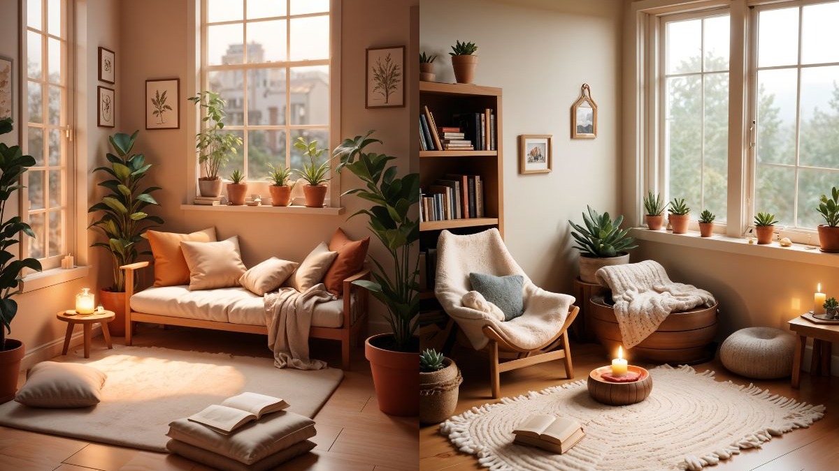 Interior aconchegante com sofás, poltronas, plantas, livros e velas em luz quente.