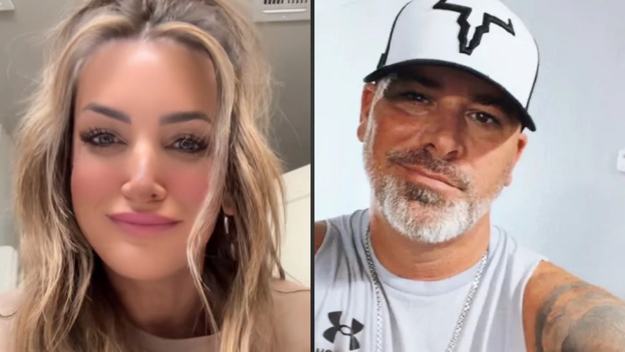 A influenciadora Sara Gilson e o marido Jeremiah Duffey, que tirou a vida dela e a própria após acusações. Mulher loira sorrindo e homem barbudo de boné em imagem dividida verticalmente