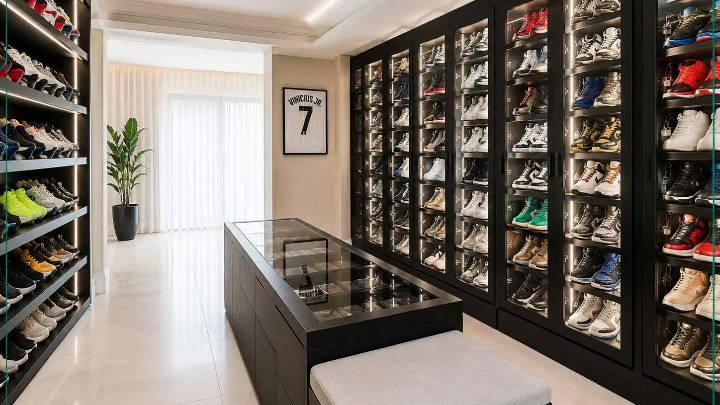 A sala de tênis de Vinicius Jr. exibe sua vasta coleção de sneakers em prateleiras iluminadas, como uma galeria privada Closet luxuoso com coleção de tênis, expositores iluminados e camisa 'Vinicius Jr. 7'