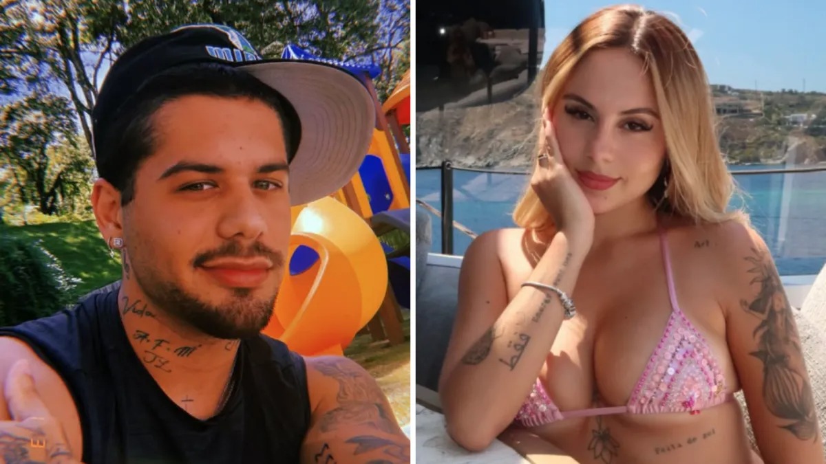 Zé Felipe e Lara Jucah, cujo suposto romance movimenta as redes sociais, em imagens separadas. Zé Felipe, homem de barba e boné, e Lara Jucah, mulher de cabelo loiro e biquíni rosa