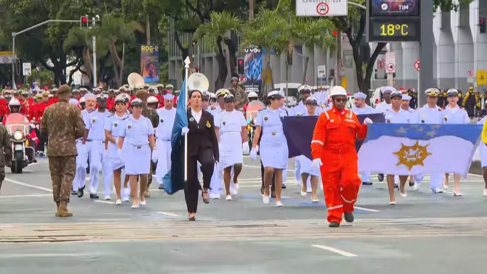 Militares das Forças Armadas e órgãos de segurança pública desfilam no Centro do Rio de Janeiro, em celebração ao 7 de Setembro. Pessoas em uniforme militar e civil marchando na rua, com bandeiras e termômetro digital marcando 18°C