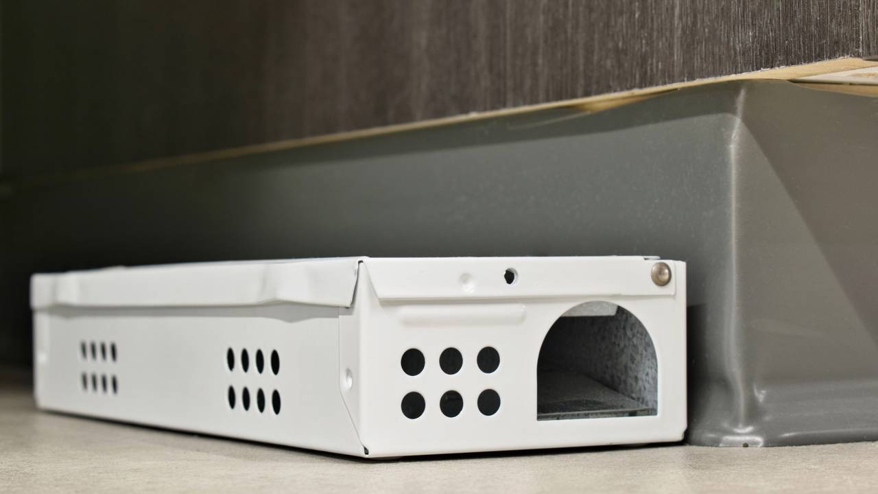 Medidas de controle de roedores, como armadilhas, auxiliam na manutenção da segurança e higiene doméstica. Armadilha de metal branca para ratos, com furos e entrada arqueada, em piso claro ao lado de rodapé.