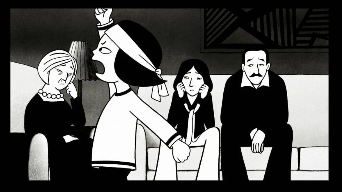 Anima&ccedil;&atilde;o em preto e branco de quatro pessoas: uma mulher grita, outra tapa os ouvidos, um casal observa.