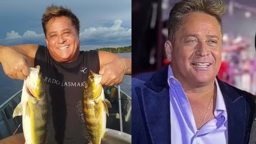 O cantor Leonardo exibe as mudanças em sua fisionomia após as transformações de saúde e estéticas. Leonardo sorri, segurando dois peixes; ao lado, Leonardo de blazer azul sorrindo. Camiseta 'RILDO LASMARO'
