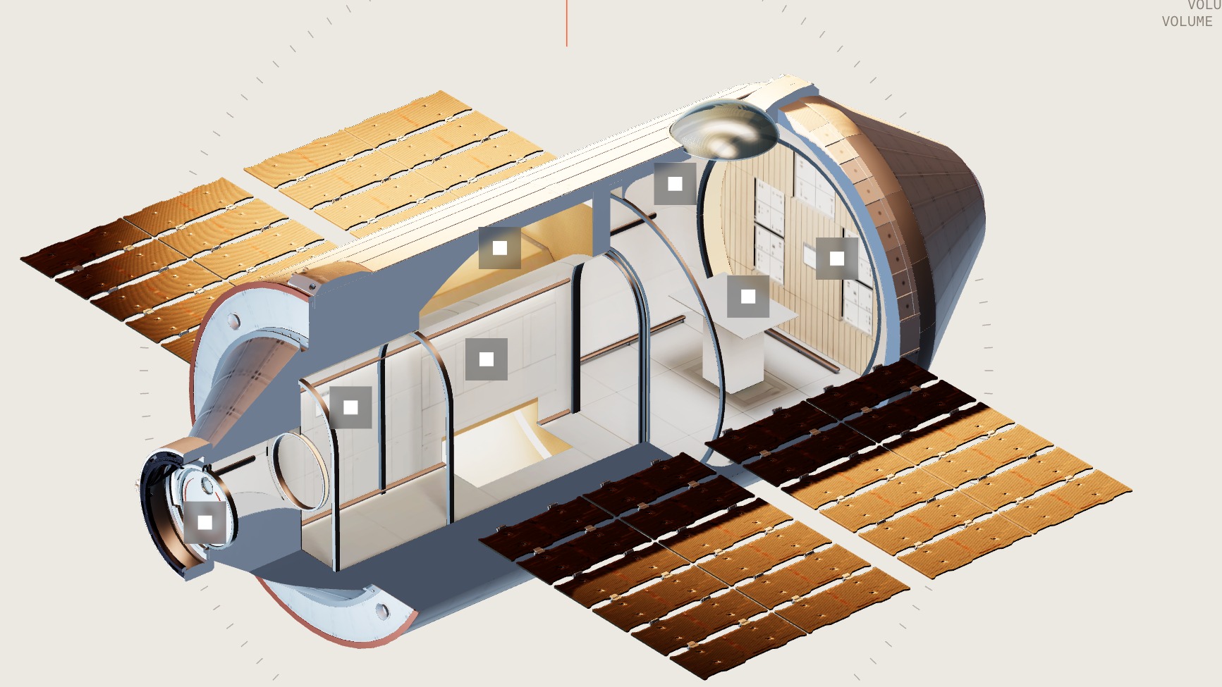 O design interno da Haven-1, a primeira estação espacial privada, foi otimizado para abrigar astronautas e experimentos científicos como os minicérebros. Vista em corte da estação espacial Haven-1, com interior moderno e painéis solares estendidos