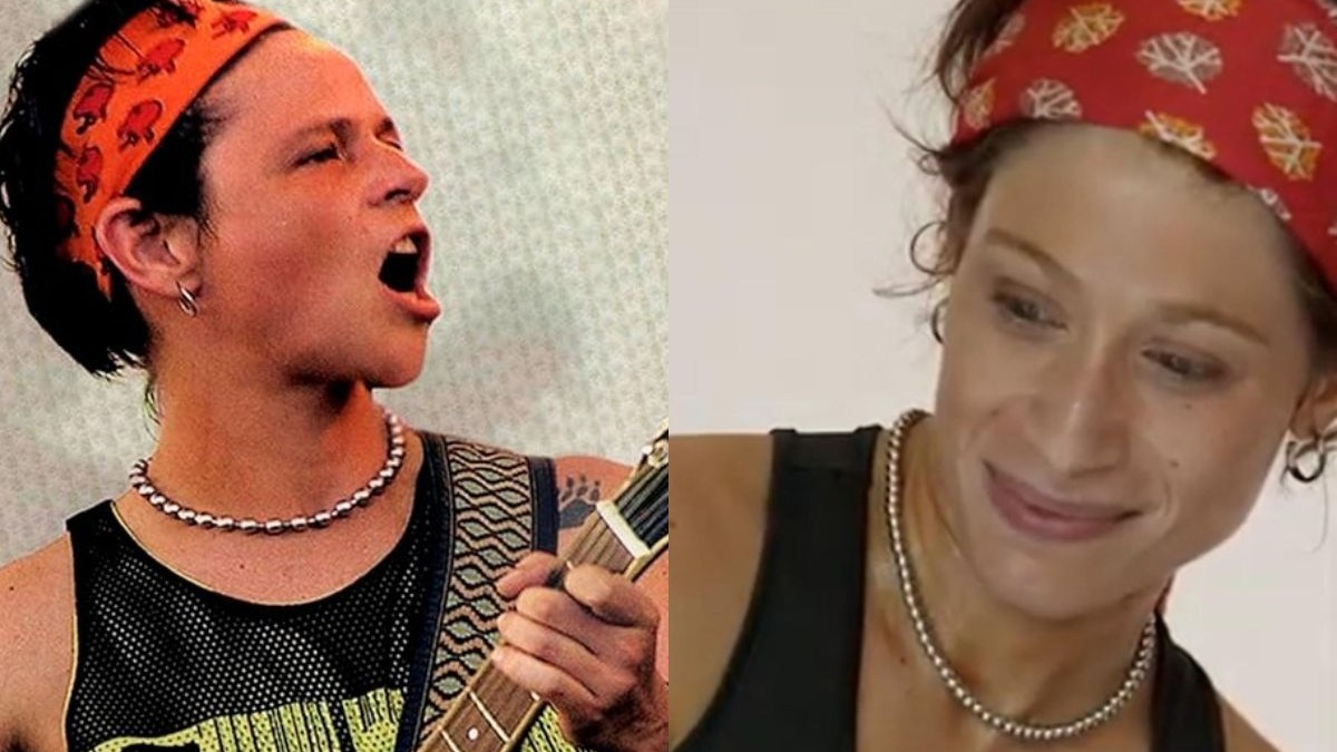 A atriz Luísa Arraes (direita) caracteriza Cássia Eller (esquerda), revelando a transformação para a cinebiografia. Cássia Eller (esquerda) cantando e Luísa Arraes (direita) caracterizada com bandana e colar.