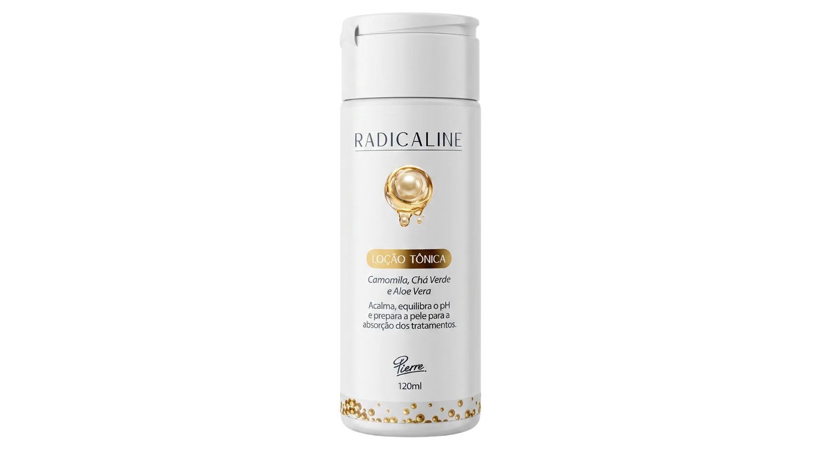 Frasco branco de lo&ccedil;&atilde;o t&ocirc;nica Radicaline Pierre, com detalhes dourados e a indica&ccedil;&atilde;o 120ml