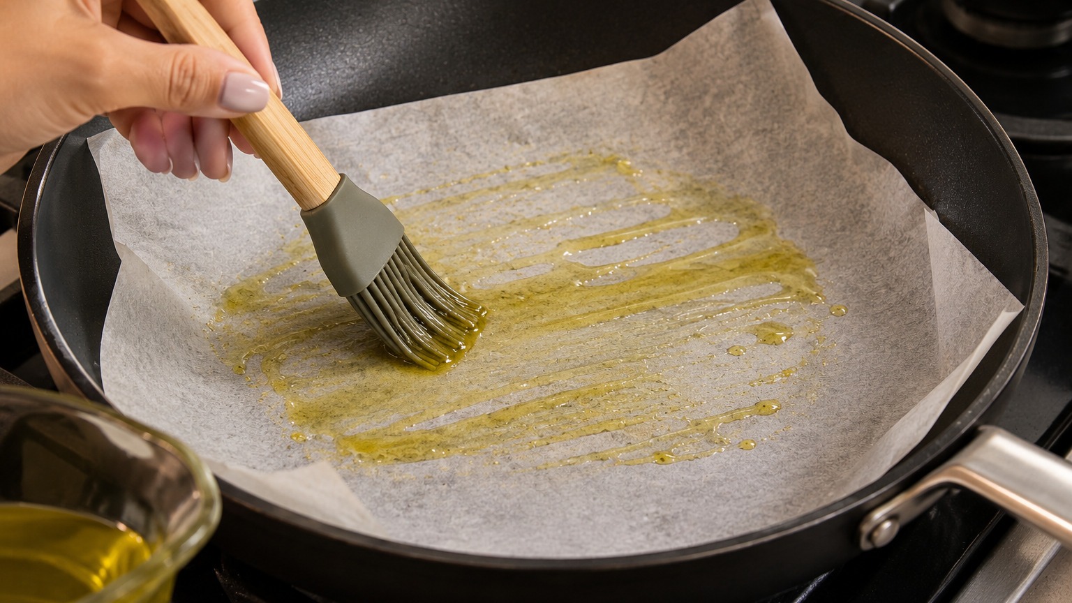 O processo de untar o papel-manteiga com azeite garante que o peixe não grude na frigideira Mão usando pincel de silicone espalha azeite em papel-manteiga dentro de frigideira preta