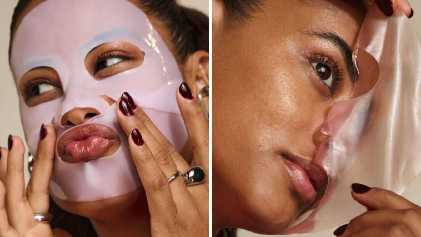 Mulher aplicando e removendo m&aacute;scara facial de hidrogel rosa revelando pele hidratada e luminosa