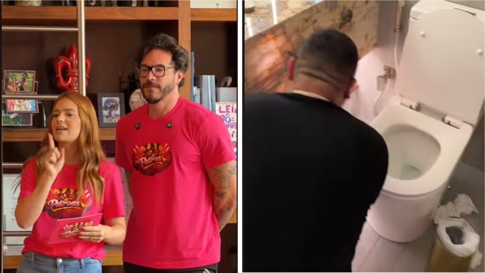 Viih Tube e Eliezer em cenas do polêmico reality "As Patroas". Viih Tube e Eliezer em camisetas Patroas; homem curvado sobre vaso sanitário aberto