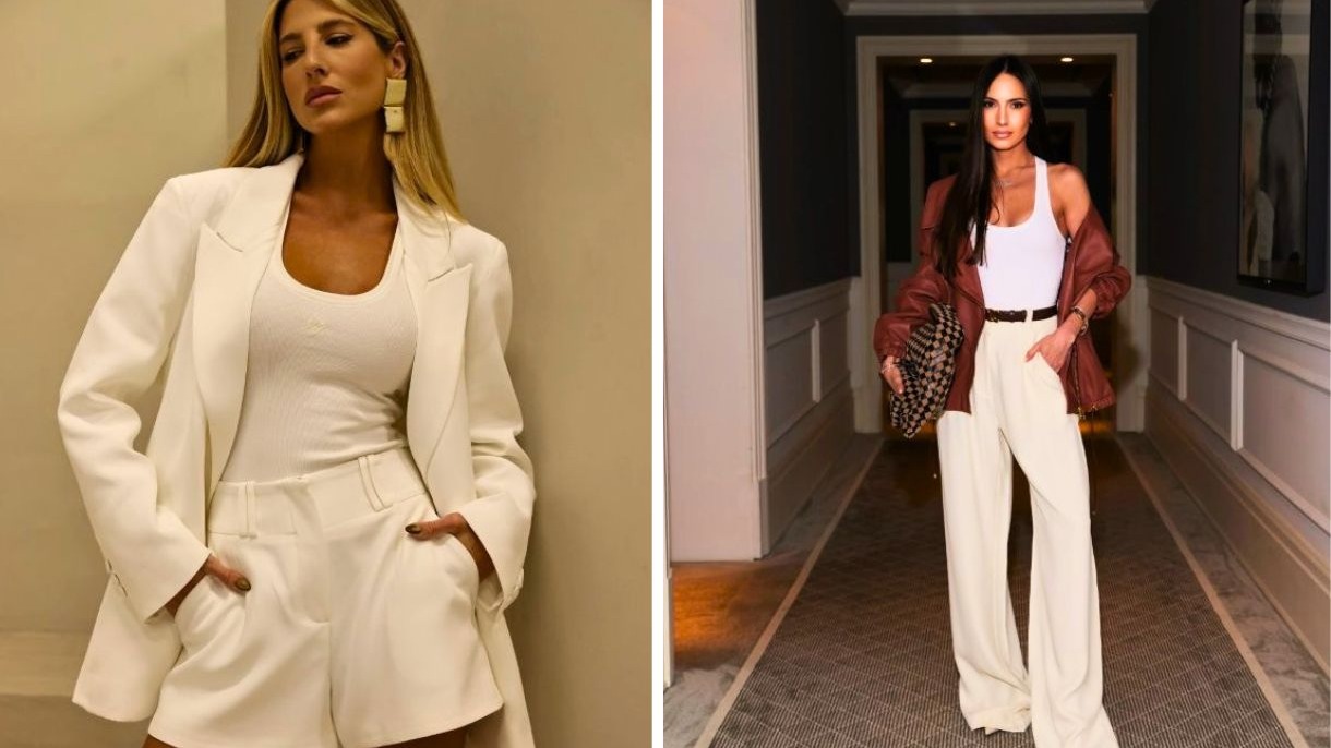 Duas mulheres com looks de alfaiataria: blazer branco, shorts; jaqueta marrom, cal&ccedil;a bege.