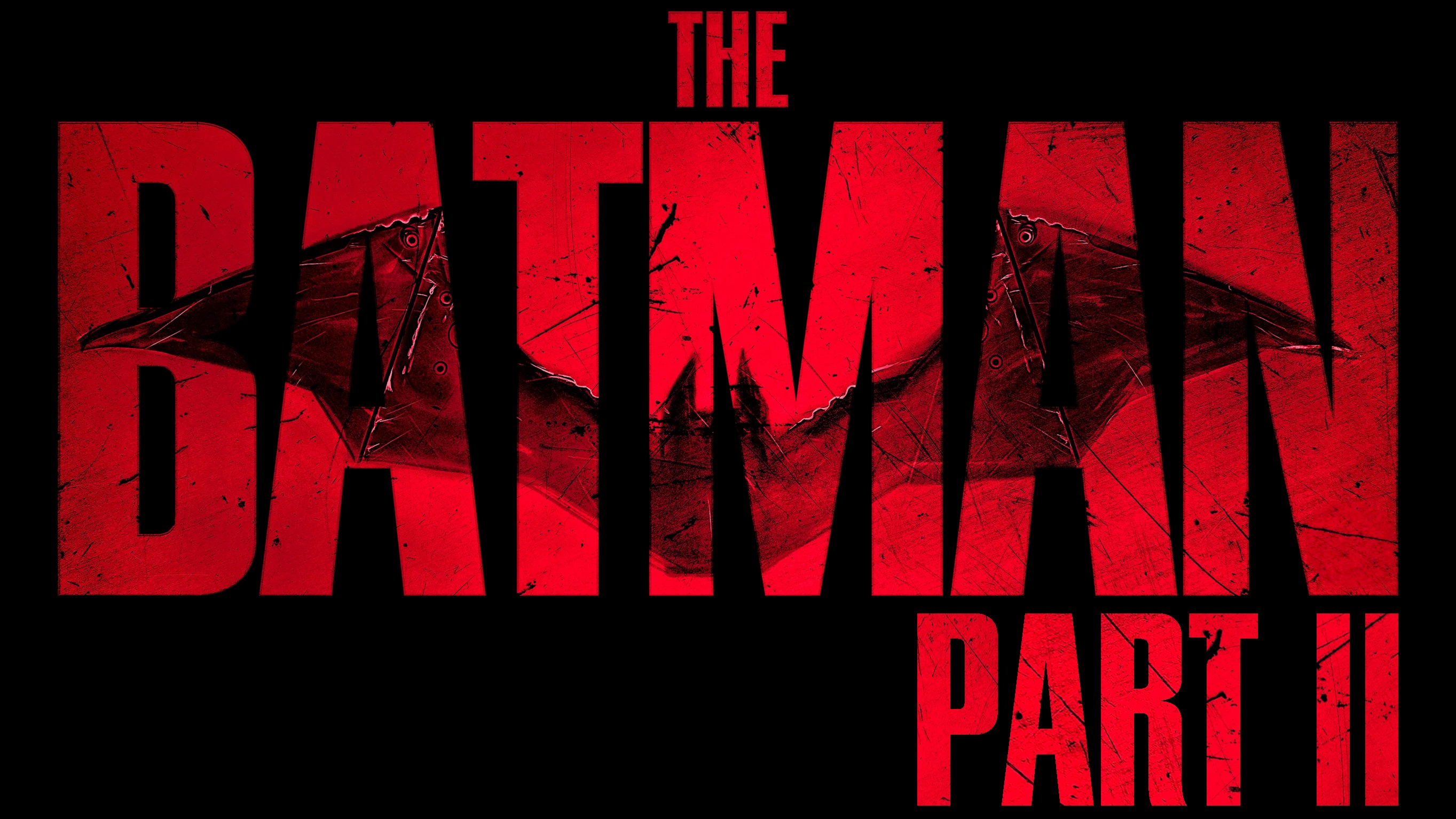 O filme "The Batman Part II" é um dos grandes lançamentos aguardados para 2026, com Robert Pattinson no papel principal Logo vermelho "THE BATMAN PART II" com textura áspera sobre fundo preto