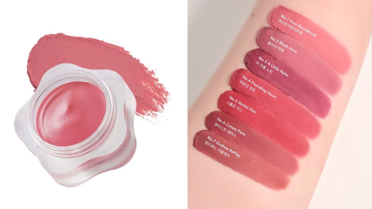 Pote de batom rosa cremoso e sete swatches Dear May com nomes em ingl&ecirc;s e coreano