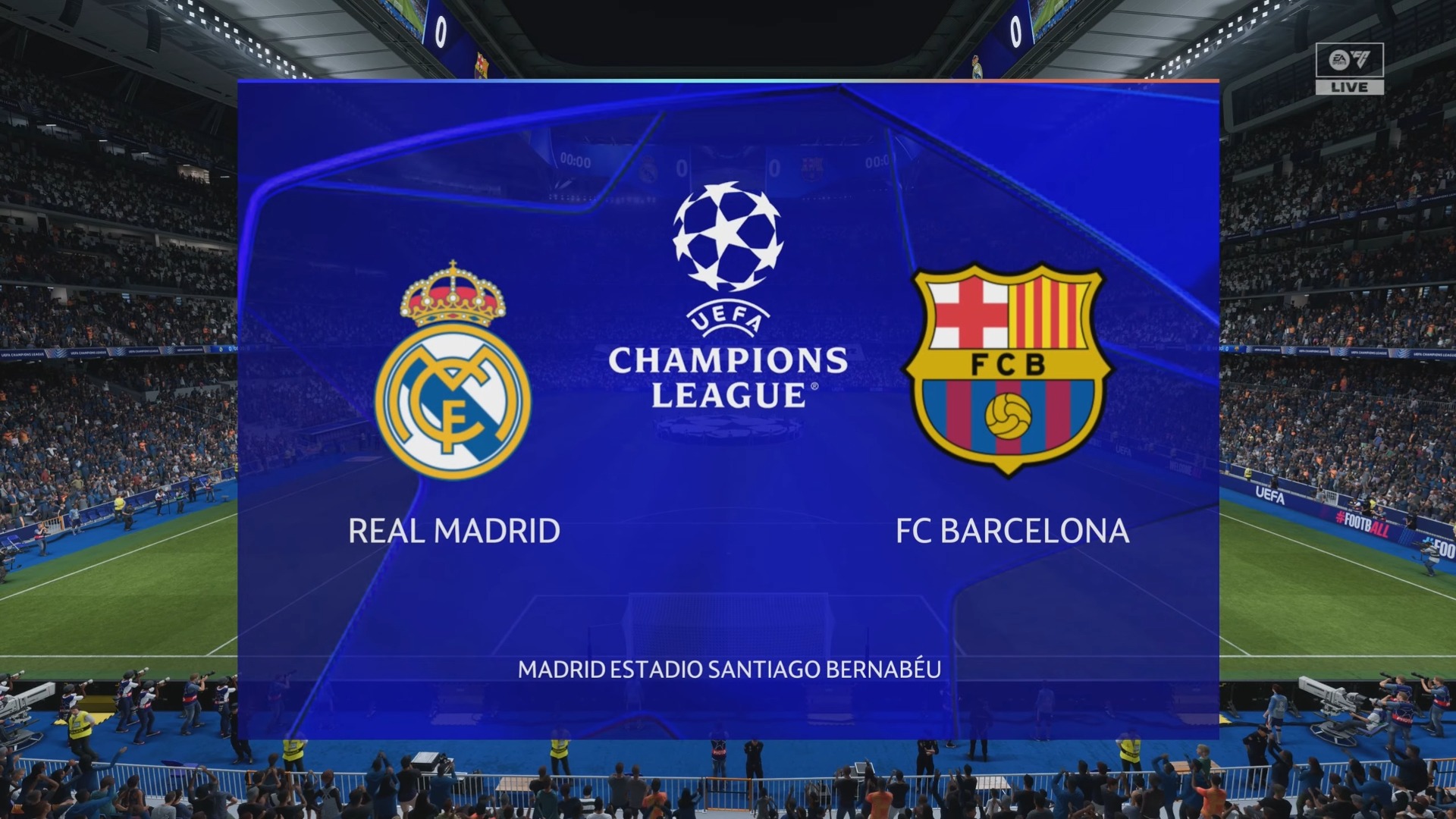 Logos Real Madrid e FC Barcelona na tela de jogo da UEFA Champions League, Est&aacute;dio Santiago Bernab&eacute;u, com 