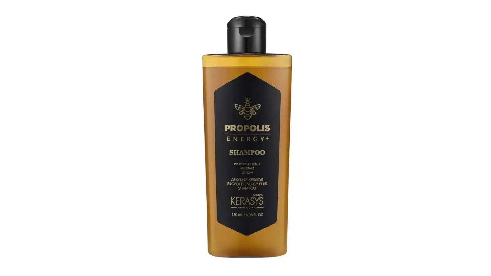 Frasco dourado de shampoo Kerasys Propolis Energy Plus, r&oacute;tulo preto com ilustra&ccedil;&atilde;o de abelha