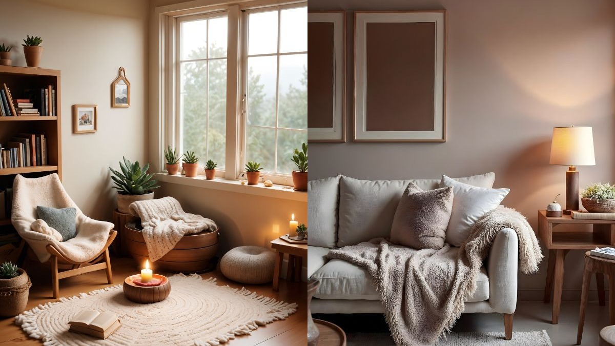 Duas cenas de interiores aconchegantes: um canto de leitura e um sofá com iluminação quente e plantas.