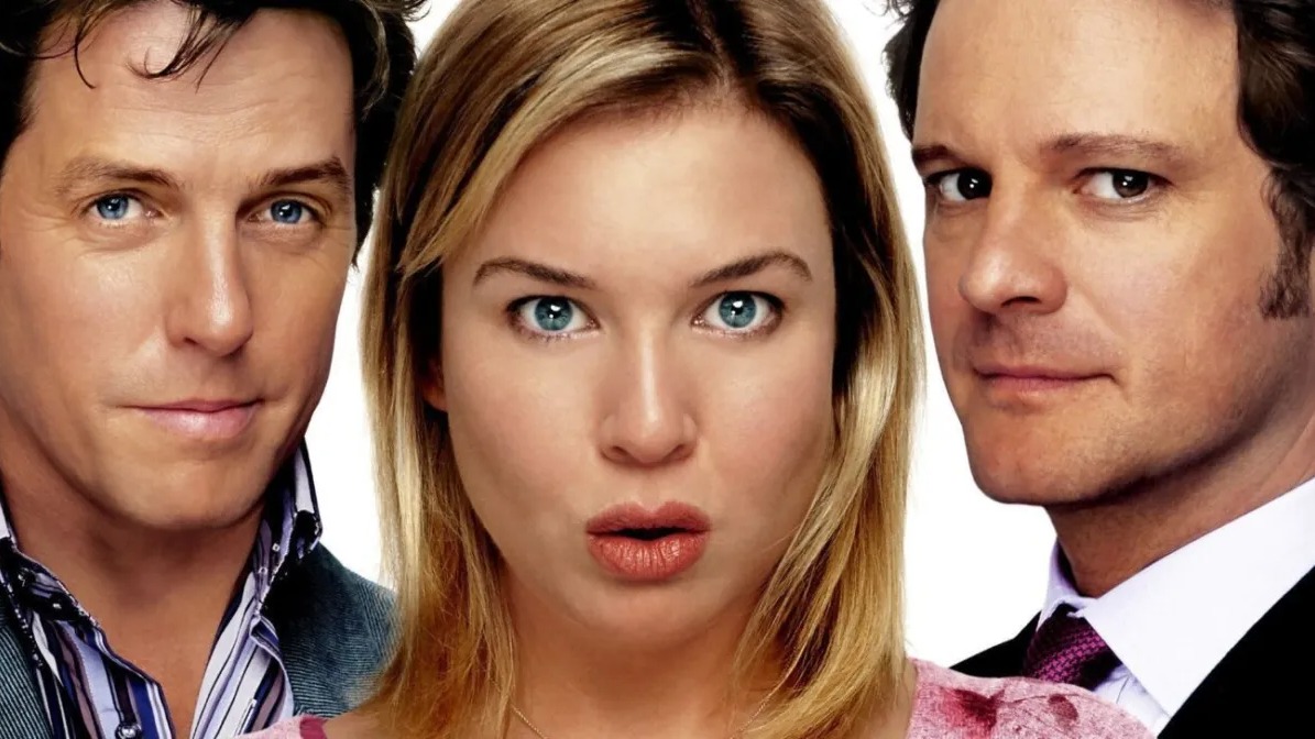O clássico "O Diário de Bridget Jones" estrela a lista de filmes para uma sessão aconchegante no frio. Rosto de Renée Zellweger ao centro, com Hugh Grant e Colin Firth ao seu lado.
