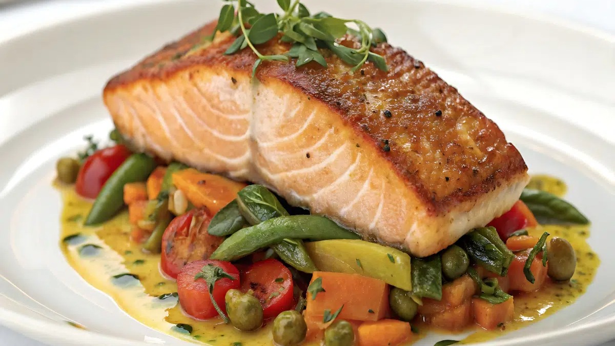 O salmão com vegetais é uma opção elegante e prática para o almoço do Dia dos Pais, unindo sabor e facilidade de preparo Salmão grelhado com pele crocante, servido sobre mix de vegetais coloridos e molho em prato branco